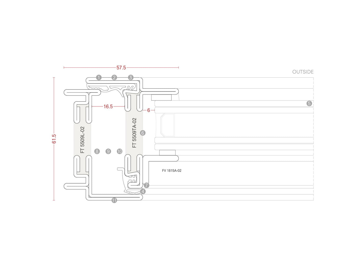 Horizontal section, scale 1:2 · 61.5 × 57.5 mm